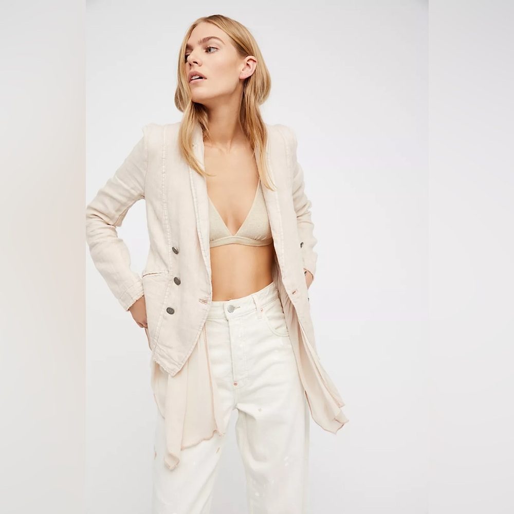 Free People Linen Layered Ruffles Blazer Jacket in Dusty Fig Cream Medium NWOT - Picture 2 of 11